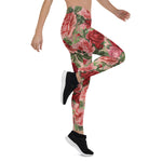 Mother's Day Gift, Mother's Day Leggings Vintage Elegant Pink Red Floral on Pink Rose Gold Women's Leggings