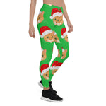 Scotstee Shop - Cat in Santa Claus Hat Pastel Snowflakes Pattern Green Christmas Gifts Women's Leggings