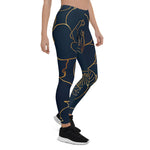 Mother's Day Gift, Mother's Day Leggings Elegant Gold Roses Floral Drawing Blue Women's Leggings