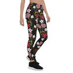 Mother's Day Gift, Mother's Day Leggings Pretty White Pink Floral Black Brush Strokes Flower Women's Leggings