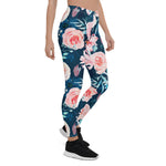 Mother's Day Gift, Mother's Day Leggings Rose seamless pattern with watercolor on blue Women's Leggings