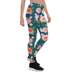 Mother's Day Gift, Mother's Day Leggings Seamless Pattern Blue with Roses Pink Flowers Women's Leggings