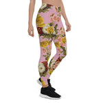 Mother's Day Gift, Mother's Day Leggings Vintage Chrysanthemum Flowers on Dusty Rose Pink Women's Leggings