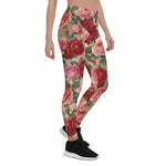 Mother's Day Gift, Mother's Day Leggings Vintage Elegant Pink Red Floral on Pink Rose Gold Women's Leggings