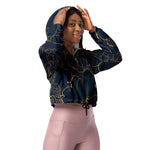 Women’s cropped windbreaker Elegant Gold Roses Floral Drawing Blue Summer Rose Women's Cropped Windbreaker