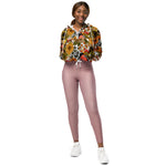 Women’s cropped windbreaker Autumn pattern featuring Bullfinches, Dahlia and Chrysanthemum flowers, various berries, leaves and bugs Summer Rose Women's Cropped Windbreaker