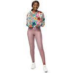 Women’s cropped windbreaker Colorful Blooming Flowers and Flying Birds Summer Rose Women's Cropped Windbreaker