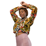 Women’s cropped windbreaker Autumn pattern featuring Bullfinches, Dahlia and Chrysanthemum flowers, various berries, leaves and bugs Summer Rose Women's Cropped Windbreaker