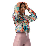 Women’s cropped windbreaker Colorful Blooming Flowers and Flying Birds Summer Rose Women's Cropped Windbreaker