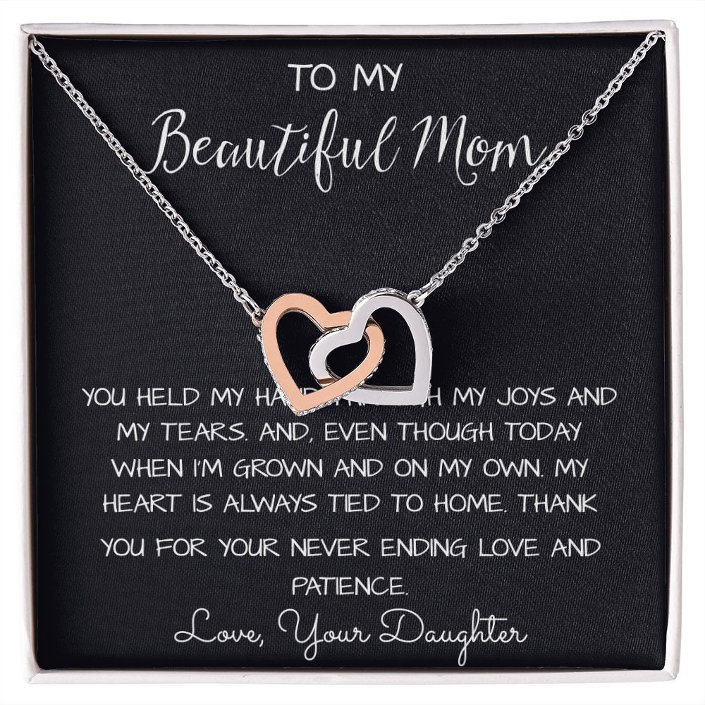 To My Beautiful Mom Necklace, Thank You For Never Ending Love From Daughter, Necklace Gift For Mom Mother's Day Interlocking Hearts Necklace