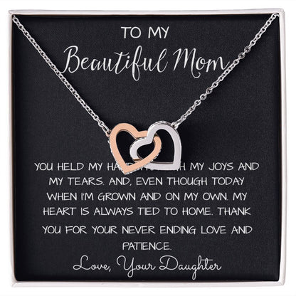 To My Beautiful Mom Necklace, Thank You For Never Ending Love From Daughter, Necklace Gift For Mom Mother's Day Interlocking Hearts Necklace