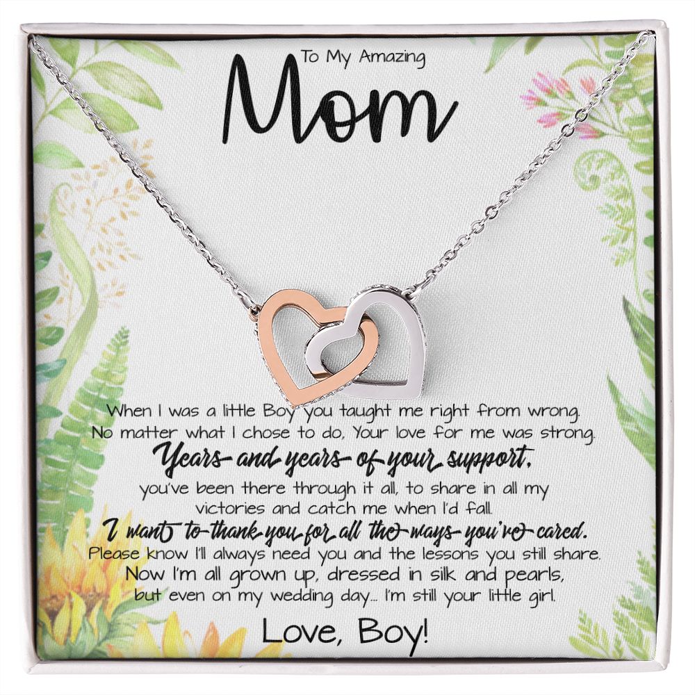To My Amazing Mom Necklace From Son Little Boy You Taught Me Right Mom Birthday Gift For Her Mother's Day Necklace (1) Mother's Day Interlocking Hearts Necklace
