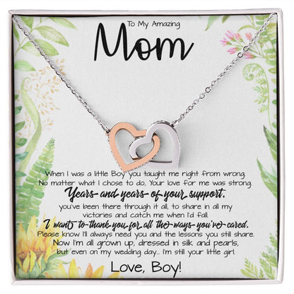 To My Amazing Mom Necklace From Son Little Boy You Taught Me Right Mom Birthday Gift For Her Mother's Day Necklace (1) Mother's Day Interlocking Hearts Necklace