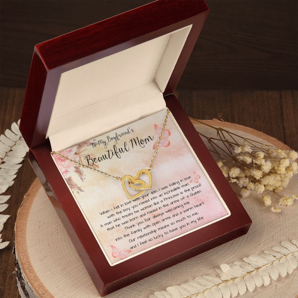 To My Boyfriend's Beautiful Mom Necklace - The Boy You Raised Into An Incredible Man - Necklace Gift For Boyfriend's Mom, Mother's Day Necklace Mother's Day Interlocking Hearts Necklace