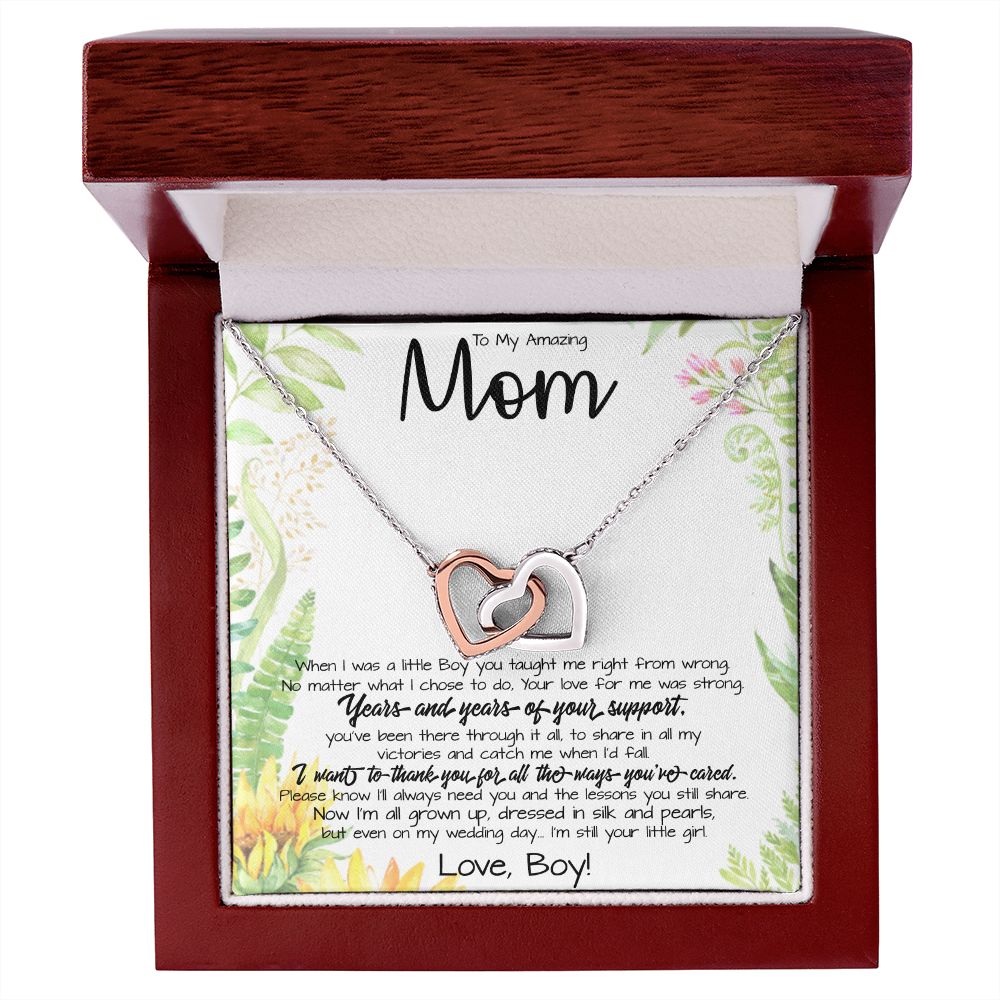 To My Amazing Mom Necklace From Son Little Boy You Taught Me Right Mom Birthday Gift For Her Mother's Day Necklace (1) Mother's Day Interlocking Hearts Necklace