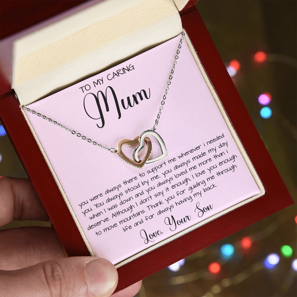 Gift For Mom From Son To My Caring Mum Necklace, Gift For Mother's Day Jewelry Mother's Day Interlocking Hearts Necklace