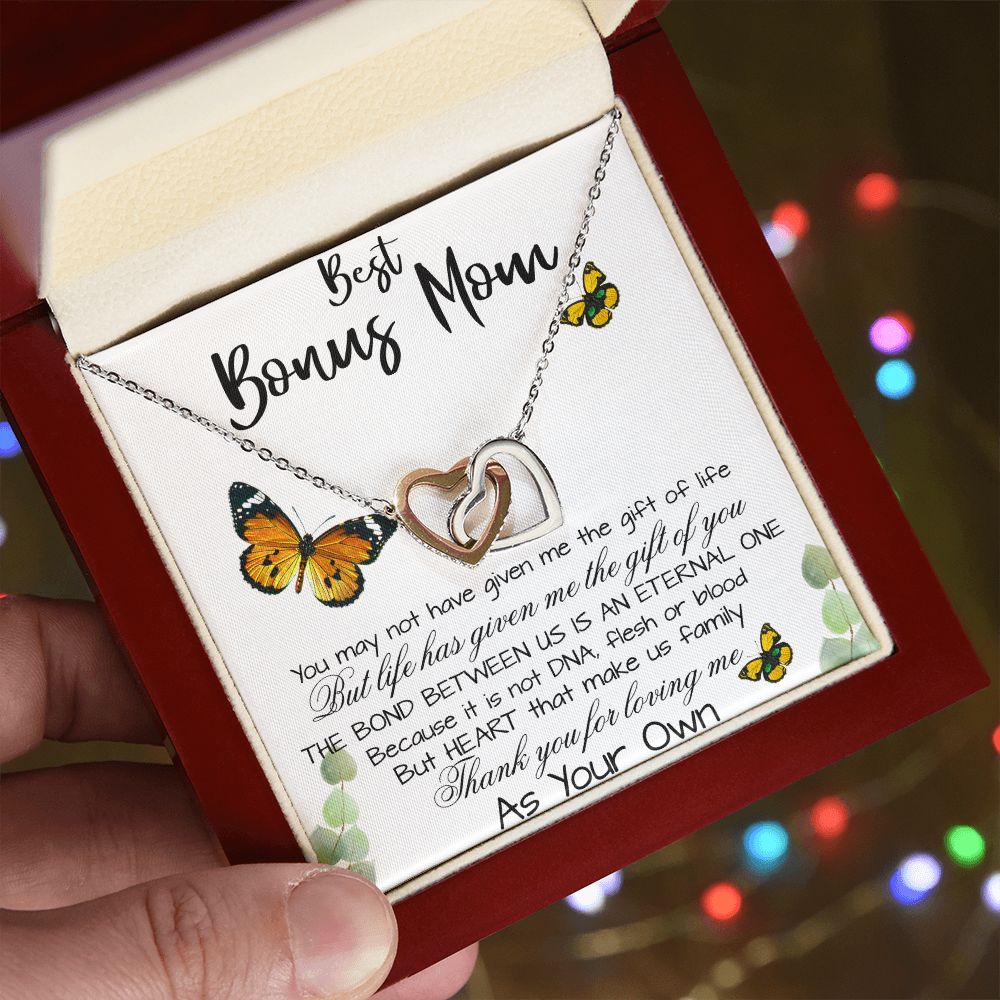 Stepmom Necklace, To My Bonus Mom Gift Neckalce, Thank For You Loving Me As Your Own Mother's Day Interlocking Hearts Necklace