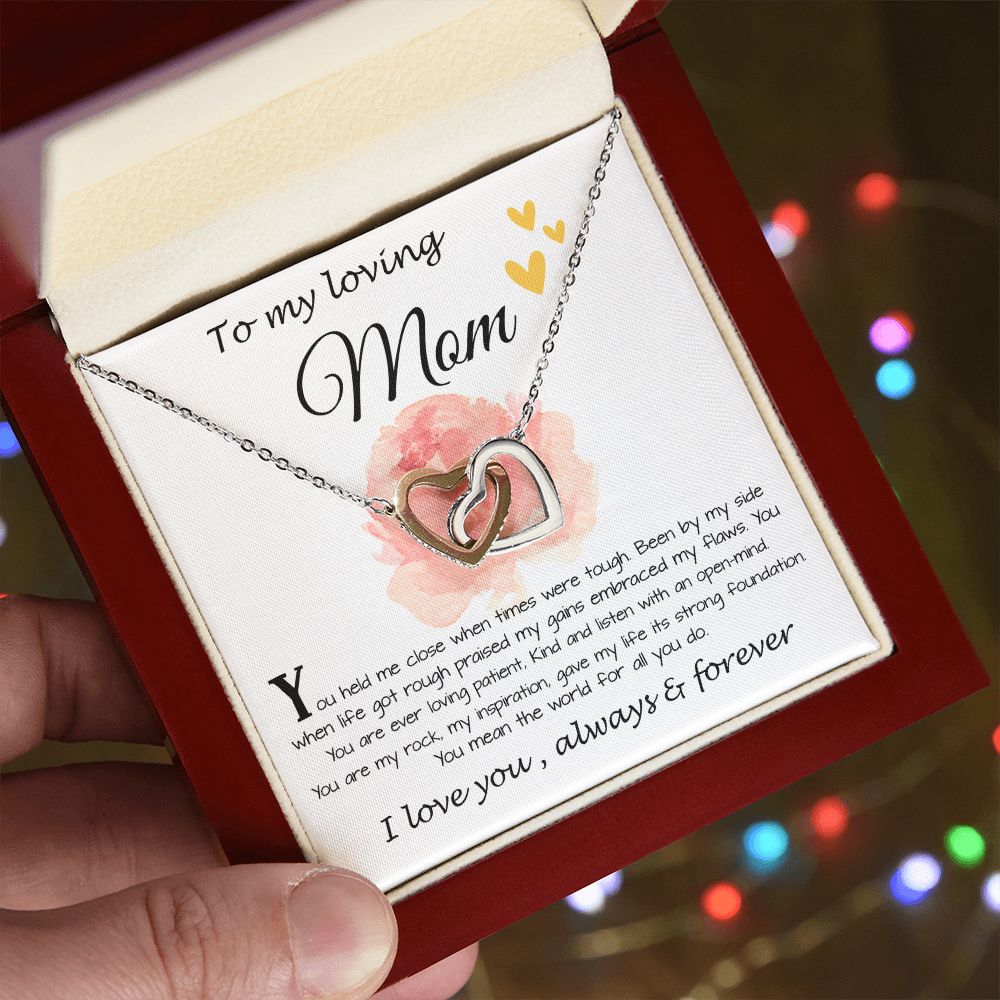 Mom Necklace Gift, To My Loving Mom Necklace, You Held Me When Times were Tough, You are My Rock Mother's Day Interlocking Hearts Necklace