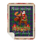 Personalized Gift Plaid Tartan Blanket Clan Hunter of Peebleshire With Moose Lover Xmas Gift Santa Riding Buffalo Plaid Christmas Sherpa Blanket