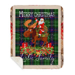 Personalized Gift Plaid Tartan Blanket Clan Leslie With Moose Lover Xmas Gift Santa Riding Buffalo Plaid Christmas Sherpa Blanket