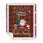 Personalized Gift Tartan Plaid Blanket Clan Hunter USA With Funny Santa Snowman Reindeer Merry Christmas Gift Sherpa Blanket, blue plaid sherpa blanket,blue tartan sherpa blanket,Buchan,buffalo plaid sherpa blanket,christmas sherpa blanket,Christmas Throw Blanket