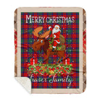 Personalized Gift Plaid Tartan Blanket Clan Fraser of Altyre With Moose Lover Xmas Gift Santa Riding Buffalo Plaid Christmas Sherpa Blanket