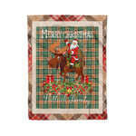 Personalized Gift Plaid Tartan Blanket Clan Pollock Hunting With Moose Lover Xmas Gift Santa Riding Christmas Fleece Blanket