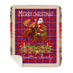 Personalized Gift Plaid Tartan Blanket Clan Hamilton With Moose Lover Xmas Gift Santa Riding Buffalo Plaid Christmas Sherpa Blanket
