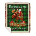 Personalized Gift Plaid Tartan Blanket Clan Kinnear With Moose Lover Xmas Gift Santa Riding Buffalo Plaid Christmas Sherpa Blanket