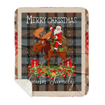 Personalized Gift Plaid Tartan Blanket Clan Gunn Weathered With Moose Lover Xmas Gift Santa Riding Buffalo Plaid Christmas Sherpa Blanket