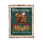 Personalized Gift Plaid Tartan Blanket Clan Grant Hunting With Moose Lover Xmas Gift Santa Riding Christmas Fleece Blanket