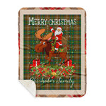 Personalized Gift Plaid Tartan Blanket Clan Chisholm Hunting With Moose Lover Xmas Gift Santa Riding Buffalo Plaid Christmas Sherpa Blanket