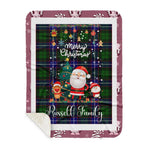 Personalized Gift Tartan Plaid Blanket Clan Russell With Funny Santa Snowman Reindeer Merry Christmas Gift Sherpa Blanket, blue plaid sherpa blanket,blue tartan sherpa blanket,Buchan,buffalo plaid sherpa blanket,christmas sherpa blanket,Christmas Throw Blanket