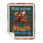 Personalized Gift Plaid Tartan Blanket Clan Fletcher of Dunan With Moose Lover Xmas Gift Santa Riding Buffalo Plaid Christmas Sherpa Blanket