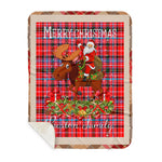 Personalized Gift Plaid Tartan Blanket Clan Preston With Moose Lover Xmas Gift Santa Riding Buffalo Plaid Christmas Sherpa Blanket