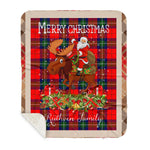 Personalized Gift Plaid Tartan Blanket Clan Ruthven With Moose Lover Xmas Gift Santa Riding Buffalo Plaid Christmas Sherpa Blanket