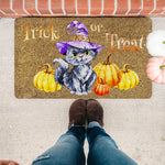 Halloween Doormat Trick or Treat Cute Kitten Cat Witch Hat and Pumpkin Halloween Pumpkin Doormat Home Doormat - Scotstee Shop
