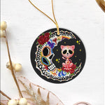 Halloween Ornament Halloween Sugar Skull Cat and Moon Halloween Tree Decorations Halloween Circle Ornament (2 sided) - Scotstee Shop