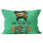 Halloween Pillow Funny Halloween One Spooky Mama For Halloween Messy Bun Mom Monster Bleached Halloween Throw Pillows - Scotstee Shop