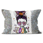 Halloween Pillow Funny Halloween One Spooky Mama Messy Bun Skull Halloween Costume Momster Skull Mom Halloween Throw Pillows - Scotstee Shop