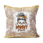 Halloween Pillow Spooky mama messy bun hair witch Halloween Throw Pillows Halloween Canvas Throw Pillow - Scotstee Shop