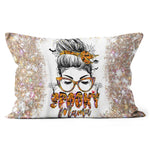 Halloween Pillow Spooky mama messy bun hair witch Halloween Throw Pillows Halloween Canvas Throw Pillow - Scotstee Shop