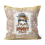 Halloween Pillow Spooky mama messy bun hair witch Halloween Throw Pillows Halloween Canvas Throw Pillow - Scotstee Shop