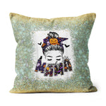 Halloween Pillow Women Spooky Mama Messy Bun Pumpkin Patch Halloween Throw Pillows Halloween Canvas Throw Pillow - Scotstee Shop