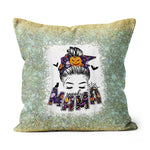 Halloween Pillow Women Spooky Mama Messy Bun Pumpkin Patch Halloween Throw Pillows Halloween Canvas Throw Pillow - Scotstee Shop
