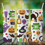 Halloween Tumbler Black Cat, Witches Hat, Bats, Candy Sweet Halloween and Pumpkins Tumbler Skinny Tumbler 20oz - Scotstee Shop