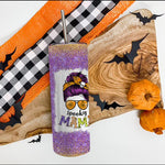 Halloween tumbler spooky mama Halloween messy bun hair skull spooky mom funny spooky mama tumbler Halloween tumbler gift Halloween Skinny Tumbler 20oz - Scotstee Shop