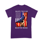 Scotstee Shop - Salute The Flag Back The Badge Flag Police Hand Gift 4th Of July Shirt Police Mom Shirts